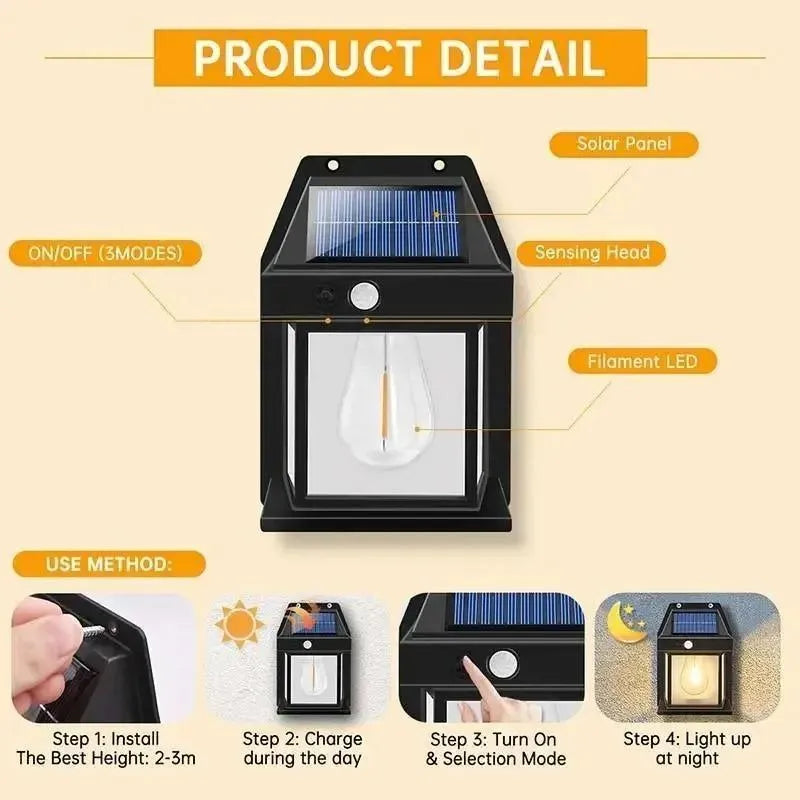 Solar Motion Sensor Lamp Black ABS Outdoor Garden Pathway